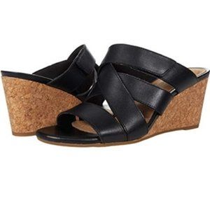 CLARKS Black Leather Slip On Wedge Sandals